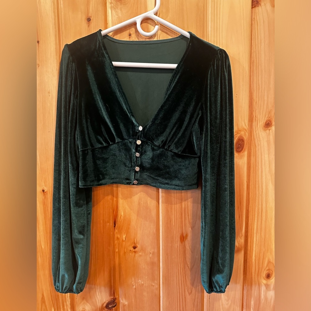 Green Velvet Cropped Hot Girl Long Sleeve
